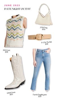 Create a memorable summer date night outfit with our cozy cream and pastel sweater vest, stylish cowboy boots, classic blue jeans, and eye-catching accessories. Embrace the warm vibes and romance! 💖👢🌅 #SummerDateNight #June #July