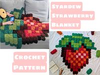 "*THIS IS A PDF CROCHET PATTERN* The iconic Strawberry crop is ready for harvest!  This is a great crochet project for both fans of Stardew Valley and Strawberries The pattern has many images to guide crochet beginners through the whole project. The blanket will be 49\" by 49\" (queen sized bed for reference in 4th photo) You will need to know the basic crochet stitches (double crochet, chain, slip stitch) Materials: 5 mm hook, scissors, yarn needle, weight 4 yarn  The amounts and specific colors of yarn needed for this pattern is included in detail in the PDF The last photo is a close up of the back of the blanket  Please contact me with any questions or concerns!"