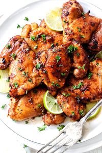 Sweet, Spicy (optional) and Tangy Honey Dijon Glazed Chicken is quick and easy and packed with flavor!  The chicken thighs are rubbed in spices, cooked under the broiler for 12 minutes and glazed with the most incredible sauce!