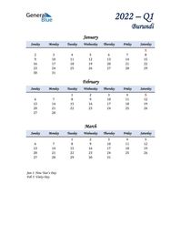 Free quarterly calendar for Burundi with holidays. Holiday calendars in PDF, Word, and Excel are printable and easy to customize.