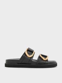 Black Gabine Buckled Leather Slides | CHARLES & KEITH