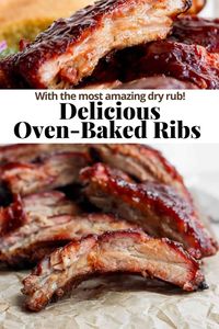 Oven-Baked Ribs - an easy, fool-proof baked rib recipe that is packed with flavor and so easy to make! Perfect if you don't have a smoker! #bakeribsoven #bakedribs #bakedribsoveneasy #bakedribsrecipe #thewoodenskillet