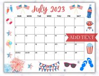 Printable July 2023 Wall Calendar, Editable Classroom Calendar, Summer Calendar with American Flag, Monthly Calendar, Family Calendar