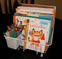 Repurposed dishrack for a coloring book/workbook organizer.  BRILLIANT!