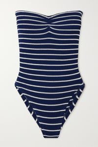 Hunza G's 'Brooke' swimsuit is comfortable and endlessly versatile - style it as a bodysuit when away from the beach or pool. Made from striped stretchy seersucker, it's gently gathered at the strapless sweetheart neckline and has figure-sculpting high-cut legs.