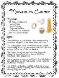 Marshmallow Challenge Handout. A great team building activity for the first days of school! Watched it in action, all types of students get involved! Love it!