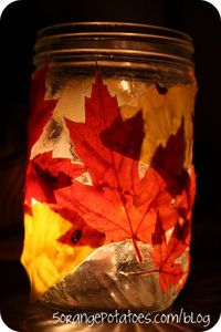 Create a Leaf lantern this Fall.  Just leaves + Modge Podge. use teeny tea lights inside the jar.  Line the walk way or use as table toppers. These are so pretty!