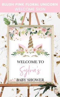 Pink and Gold Unicorn Baby Shower Welcome Sign, Floral Unicorn Baby Shower, Pink Gold Baby Shower Unicorn Theme