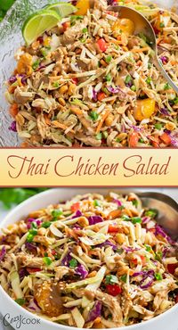 This Thai Chicken Salad is the perfect Summer Salad for BBQ's, parties, and just for snacking! Made with homemade peanut dressing, crispy cabbage, shredded chicken, crunchy peanuts, and more!