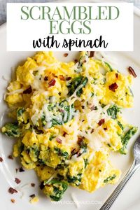 Scrambled eggs with spinach makes for a healthy and delicious breakfast. These cheesy scrambled eggs are fluffy and the addition of spinach makes the perfect scramble.