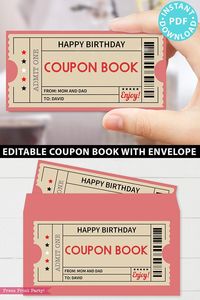 Create your own personalized coupons for anyone in your life with this editable and printable coupon book template. Homemade coupon books make great custom last-minute birthday gift ideas for friends, spouses, girlfriends, boyfriends, parents, or kids.  This movie ticket design is perfect for anniversaries, birthdays, valentine's day, or Christmas as a stocking stuffer. Great coupon book for someone special in your life.    • ALL the text is EDITABLE with your own text in your own language! • Al