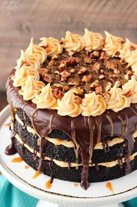 Turtle Chocolate Layer Cake! Layers of moist chocolate cake, caramel icing, chocolate ganache and pecans! So good!