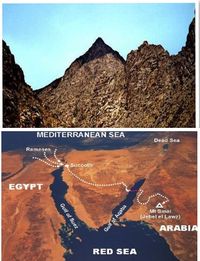 The real Mt. Sinai is not in the Sinai Peninsula but is in Saudi Arabia as the Bible say in Galatians 4:25 - "For this Agar is mount Sinai in Arabia". Notice how the top of the mountain is blackened.