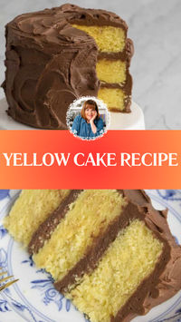 Ina Garten basic Yellow Cake Recipe from the “Barefoot Contessa” cookbook is one of the best and easy yellow cake recipes ever. This homemade moist Yellow Cake is made with butter, sugar, eggs, vanilla extract, and buttermilk, and then frosted with chocolate frosting. This fluffy classic Yellow Cake is perfect as a birthday cake with colorful sprinkles and candles.