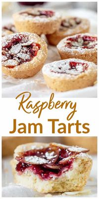 Crumbly and sweet, these Raspberry Jam Tarts turned out to be one of the best cookie cups I ever made! It is like a filled shortbread baked in muffin tins. I tried them with Nutella too. The best! #jam #tarts #easy #shortbread