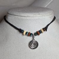 Moss Agate Spiral Swirl Wooden Hippie Beaded Adjustable Black Rope Necklace Comes On An Adjustable Waxed Black Cord Necklace. Necklace Is Adjustable From Approximately 13" To 22". Bead Color Will Vary As These Are Made To Order.