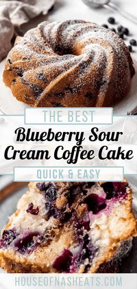 This moist Blueberry Sour Cream Coffee Cake is loaded with sweet blueberries, has a crumbly, cinnamon, streusel center, and is baked to perfection. All you need is a little dusting of powdered sugar for a wonderfully delicious breakfast, dessert, or afternoon treat! #blueberries #sourcream #coffeecake #bundtcake #bundt #best #dessert #fresh #frozen #cake #breakfast