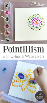 Pointillism art with Q-tips is one of our standby, super-easy-yet-interesting activities and watercolors work great for it!