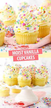 This Easy Homemade Vanilla Cupcakes recipe makes perfectly moist, irresistible cupcakes! Fluffy cupcakes topped with vanilla buttercream and sprinkles. #vanilla #cupcakes #vanillacupcakes #vanillabuttercream #vanillafrosting #cupcakerecipe #homemadecupcakes #easycupcakes #bestcupcakes