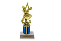 The listing is for a Ballroom dance Award Trophy. The trophy is made of a very durable plastic Solid base. It is approximately 8" inches tall with an aluminum plate on it to customize with any wording 2 lines max up to 15 characters per line. not all the colors are listed so ask me if you need a color that is not listed. If you need more than what you see listed let me know I can make more. Please message me with any questions. Thanks You!