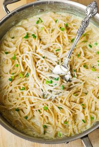 Try Creamy Three-Cheese Spaghetti! You'll just need 12 oz. spaghetti, 2 tbsp. extra-virgin olive oil, 3 cloves garlic, minced, 3/4 c. heavy cream, 3/4 c....