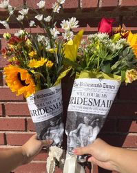 Introducing our newspaper bridesmaid proposal bouquet wrap template - the perfect way to pop the question to your besties in a unique and humorous way! This minimalist flower bouquet bridesmaid proposal wrap template comes in 17 x 11" tabloid size and 18 x 12" size, and features customizable design from texts, fonts, colors as well as place to insert photos!