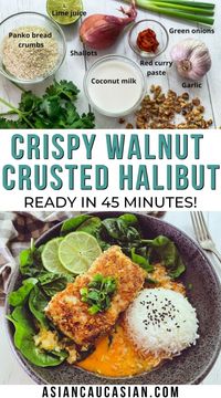 This crispy, golden-brown Walnut Crusted Halibut is bathing in a fragrant, slightly spicy red curry sauce, over a bed of fresh baby spinach. This healthy baked halibut recipe is an impressive seafood dinner that’s super easy to make!