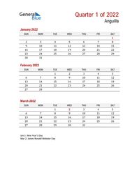 Free quarterly calendar for Anguilla with holidays. Holiday calendars in PDF, Word, and Excel are printable and easy to customize.