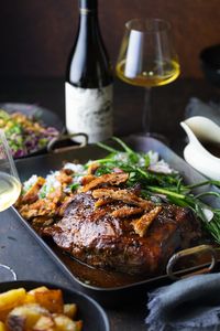 Soy & cider braised pork shoulder (with broccoli rice, sesame roasted potatoes and Asian slaw) -