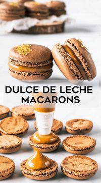 Dulce de Leche Macarons. Chocolate macarons filled with dulce de leche #frenchmacarons #dulcedeleche #chocolate #gold #fancytreat #macarons #ediblegold