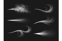 Wind flows. Realistic 3d air flows effect, different shapes isolated on black background, mist visible streams with curls, spread gas, winter freezing cold breathing, pressurized blowing, vector set