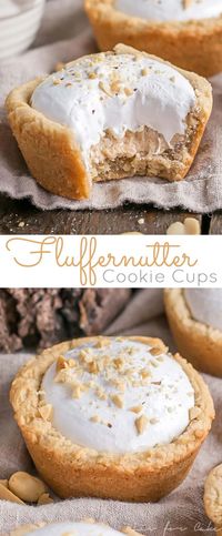 The classic peanut butter and marshmallow fluff sandwich gets a major makeover into these delicious Fluffernutter Cookie Cups! | livforcake.com