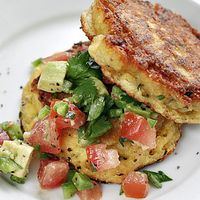 Summer corn cakes with avocado salsa