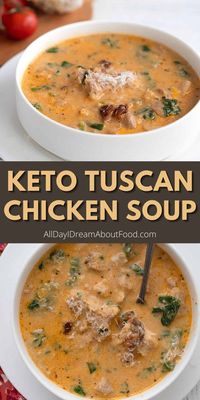 Creamy Tuscan Chicken Soup is rich and satisfying, and packed full of wholesome ingredients. It's a keto comfort food meal the whole family will enjoy. Only 4.9g net carbs per serving!