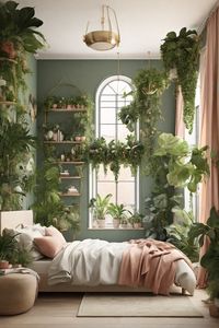 Transform your bedroom into an urban jungle retreat with a touch of nature. This design idea celebrates greenery, featuring hanging plants, potted beauties, and botanical accents. Explore the perfect blend of nature and relaxation for your sleep sanctuary. #UrbanJungle #BedroomDesign #NatureInspiredHome