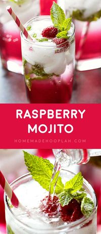 Raspberry Mojito! Minty and refreshing mojitos with a touch of raspberry flavor make for the perfect all-weather drink for holidays, parties, or a chill Friday night. | HomemadeHooplah.com