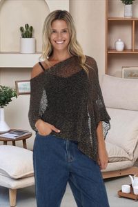 Sparkle and shine in this sheer shrug bolero poncho pullover with shimmering metallic yarns.