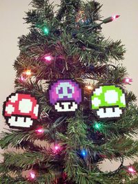 3 Mario Bros. Perler Bead Mushroom Christmas Ornaments - 1up - poison - super mushroom on Etsy, $10.00