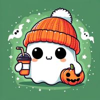 This adorable illustration features a charming cartoon ghost dressed in a warm orange knit beanie with a fluffy pom-pom. The ghost holds a cheerful pumpkin in one hand and a cup with a straw in the other, ready for some Halloween fun! Surrounding the ghost are playful bats and delicate stars, all set against a soft pink background, creating a whimsical and festive Halloween atmosphere. Perfect for capturing the cute side of spooky season!