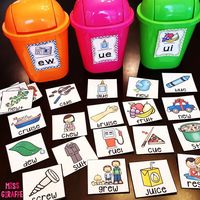 Use cute trash cans from the dollar store for fun word sorts! Love this idea!