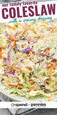 Creamy Coleslaw is the perfect side BBQ side dish or topper for pulled pork or burgers! We love serving this creamy & colorful salad for a picnic or potluck. #spendwithpennies #sidedish #coleslaw #recipe 