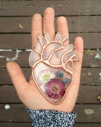 Small Clear Stained Glass Anatomical Heart with Real Pressed Flowers or Ferns