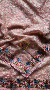 chikankari jaal embroidery done on the body and border is designed with parsi embroidery & crochet lace ; Blouse is in silk fabric with parsi embroidery ; BOOK ON WHATSAPP 91 9010974259 ; #HLcolours #OrganzaChikankariSarees