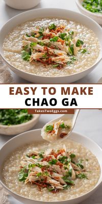 Cháo gá, or Vietnamese chicken rice porridge, is made with an aromatic chicken broth, white rice, tender shredded poached to perfection chicken, and then topped with crispy fried shallots and freshly chopped cilantro and green onion. This Vietnamese congee is simple, easy to eat, comforting and a great dinner recipe.