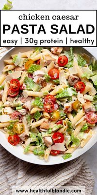 This high-protein chicken Caesar pasta salad recipe is healthy, packed with 30 grams of protein, and tossed in a low-fat Greek yogurt dressing without anchovies or mayo. You can use grilled, baked, or rotisserie chicken. An easy under 30-minute meal prep lunch and weeknight dinner.