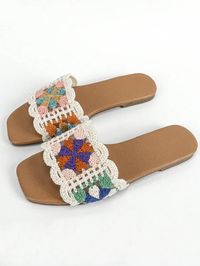 Women Colorblock Scallop Trim Flat Sandals, Vacation Fabric Slide Sandals | SHEIN USA