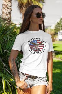 This classic Patriotic t shirt for your family and friends. Featuring the Patriot American Eagle and flag with the statement “American Classic” large on the front chest. Wear this t-shirt as a reminder of the American Independence Day.