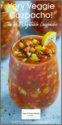 This deliciously crunchy and chunky vegetable-packed version of the classic cold Spanish soup is as refreshing as it gets!  Tomatoes, cucumbers, celery, bell peppers, jalapeño peppers, scallions, and plenty of garlic float in a tangy tomato juice base you'll crave all summer long!