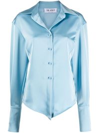 satin-finish button-up shirt from The Attico featuring baby blue, satin finish, classic collar, front button fastening, long sleeves, buttoned cuffs and curved hem.