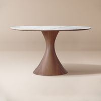 Walnut Round Dining Table with Sintered Stone and Wooden Pedestal Base for Dining Room, Kitchen Table 4 to 6 Seats in Walnut